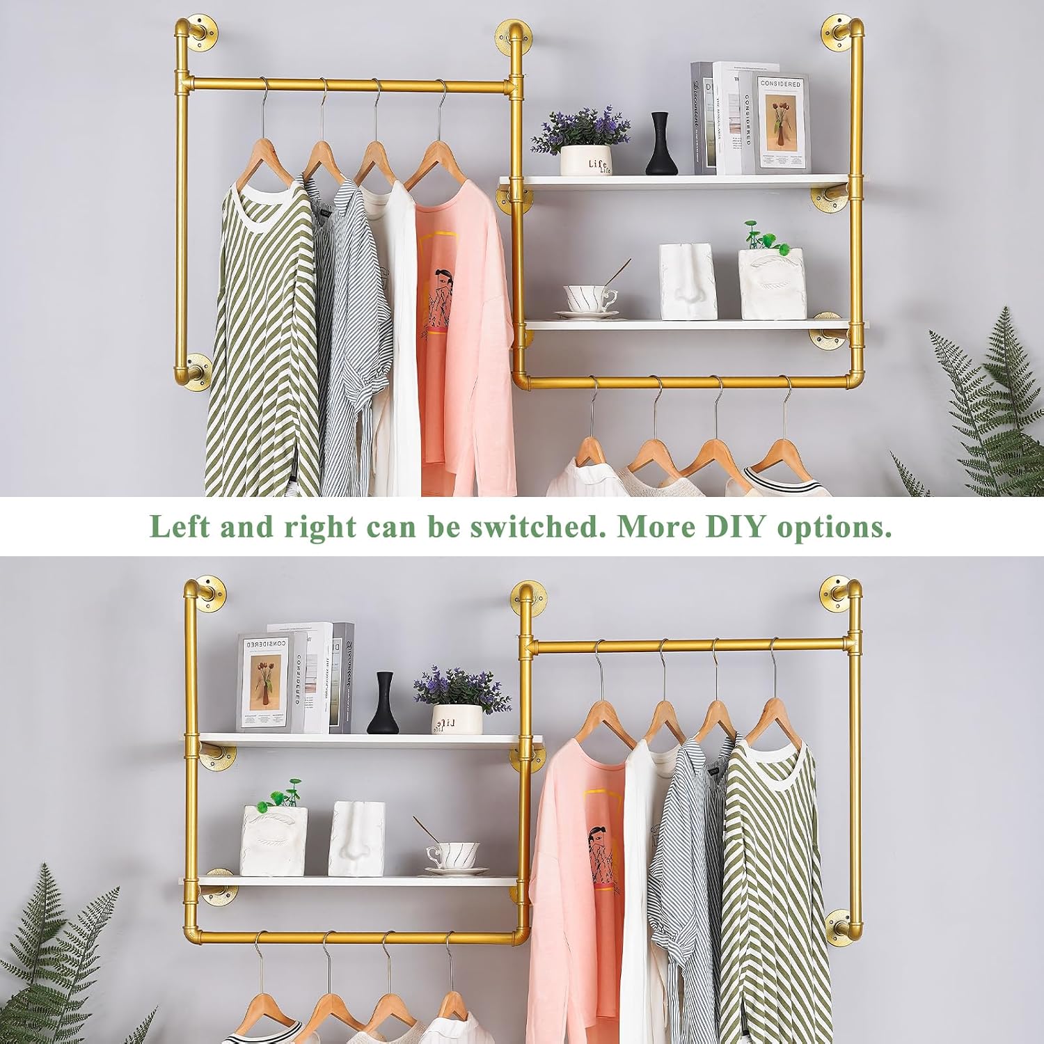 Industrial Pipe Clothing Rack Wall Mounted with 2 Wood Shelves, Heavy Duty Double Rod Garment Rack for Bedroom, Laundry Room & Retail Store, Gold, 59 Inch