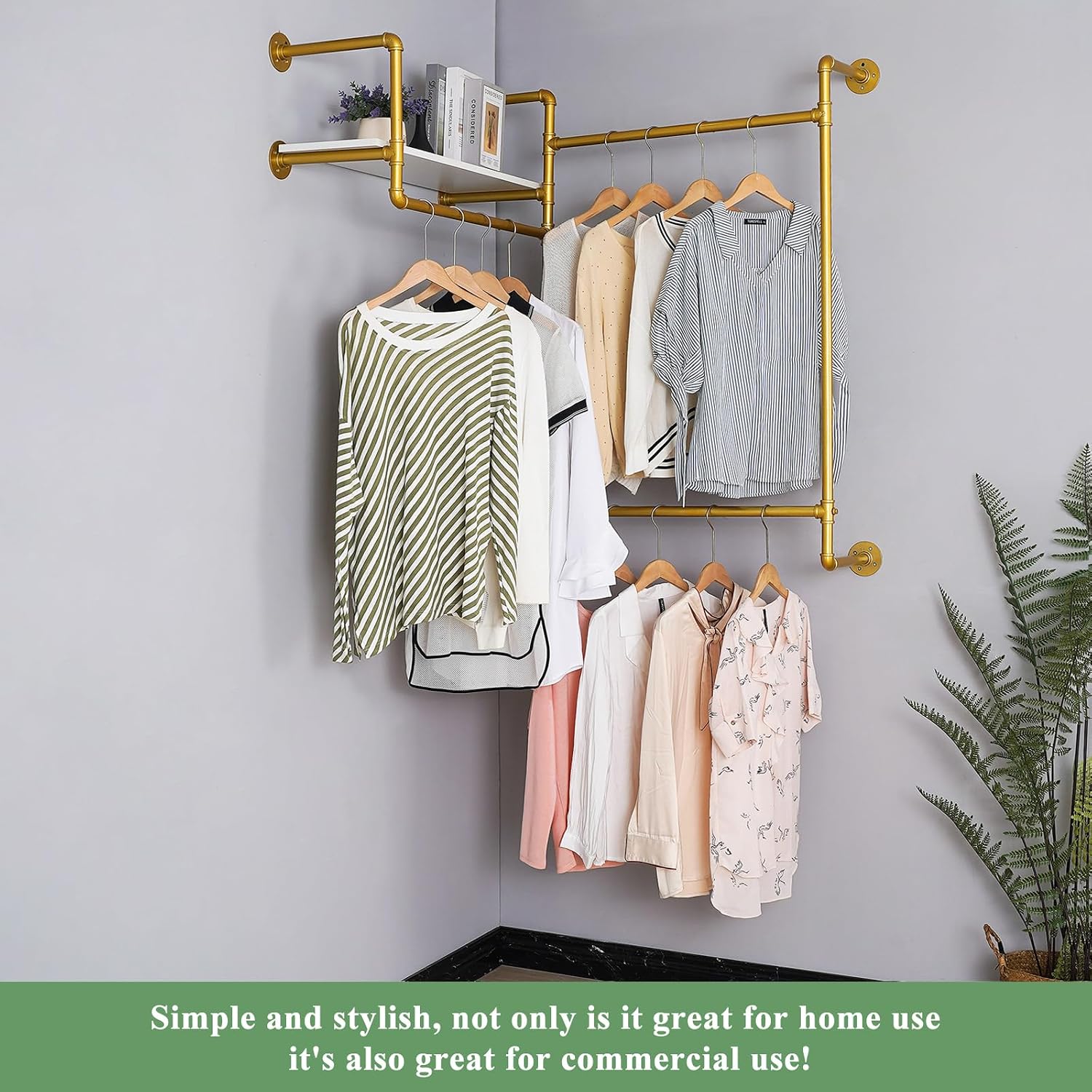 Industrial Pipe Clothing Rack, Wall Mounted Heavy Duty Garment Rack with Wood Shelf, Rustic Metal Closet Organizer for Bedroom, Laundry Room & Retail Store Display, Gold, 58”W x 12”D x 46”H