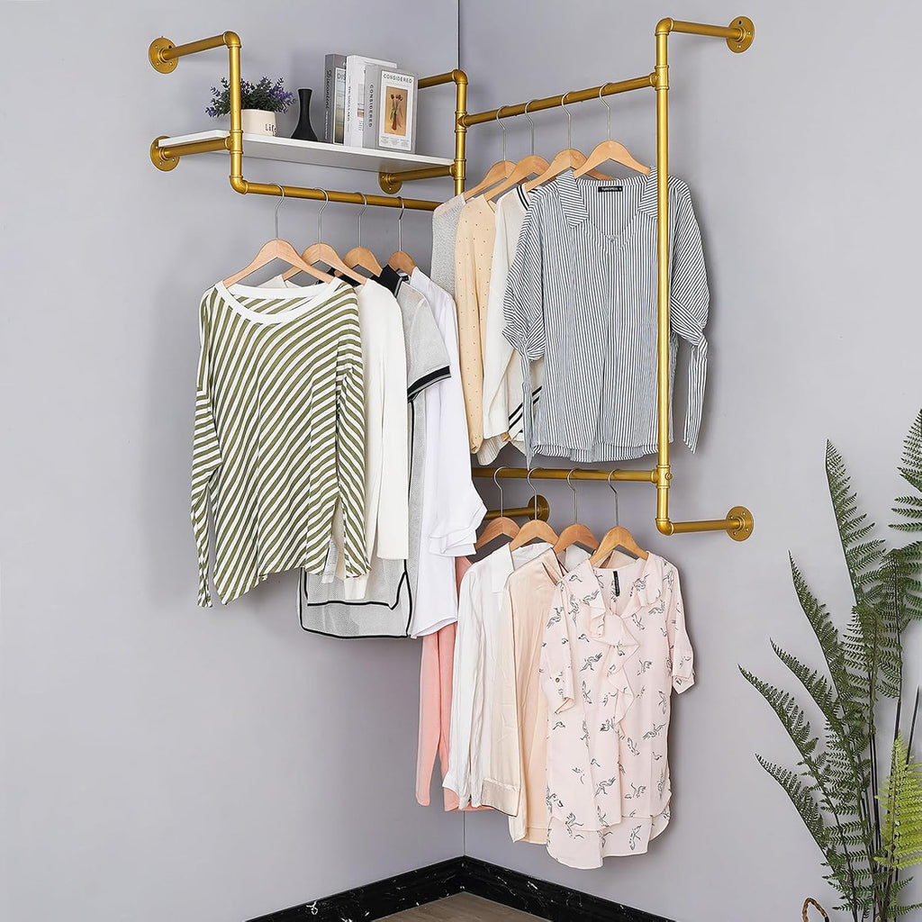Industrial Pipe Clothing Rack, Wall Mounted Heavy Duty Garment Rack with Wood Shelf, Rustic Metal Closet Organizer for Bedroom, Laundry Room & Retail Store Display, Gold, 58”W x 12”D x 46”H