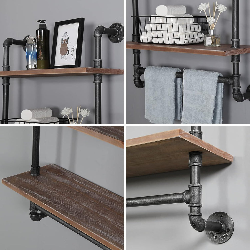 Industrial Pipe Shelving Bathroom Floating Shelves Wall Mounted, 2 Tier 24 inch Rustic Wood Shelf with Towel Bar, Farmhouse Towel Rack Bathroom Shelf Over Toilet