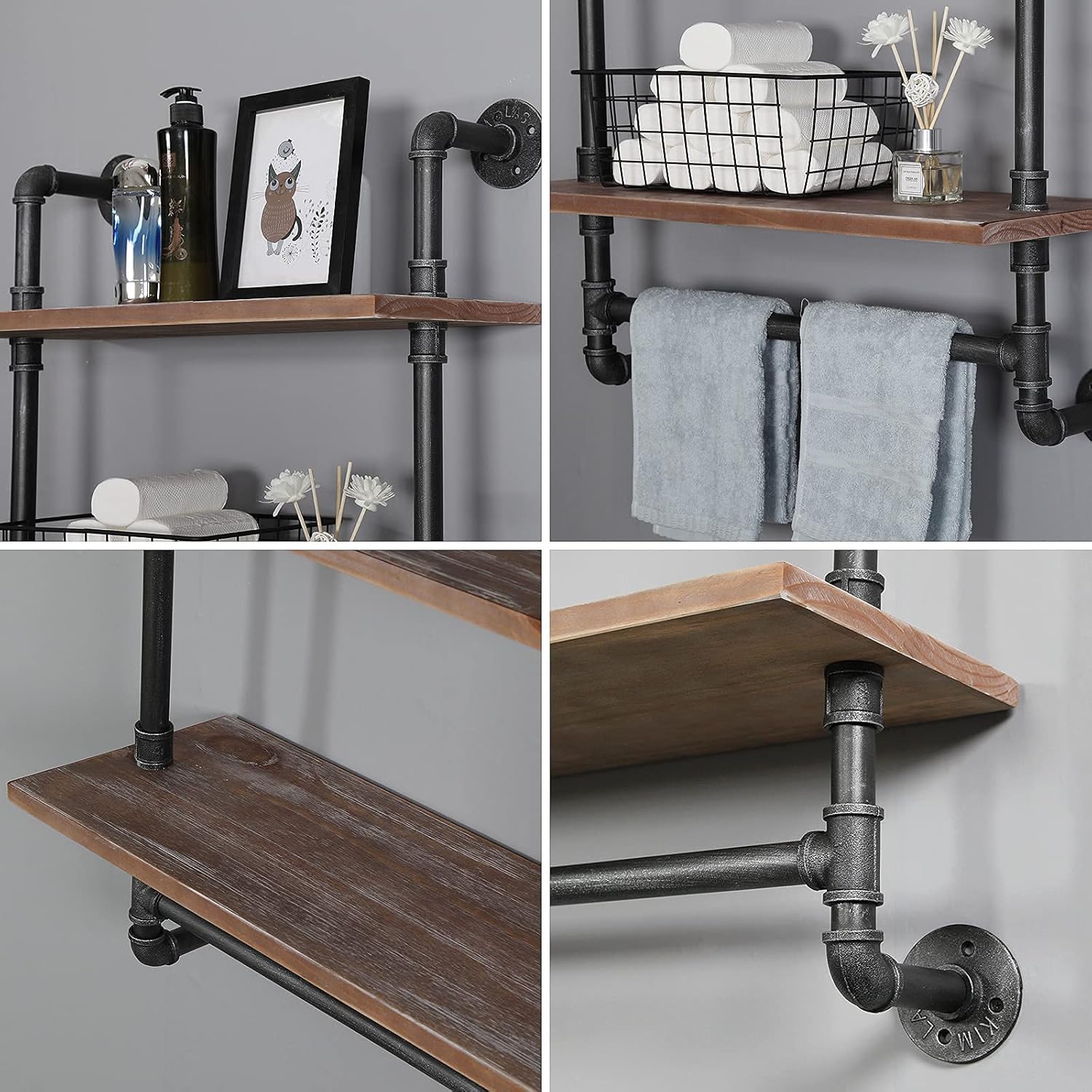 Industrial Pipe Shelving Bathroom Floating Shelves Wall Mounted, 2 Tier 24 inch Rustic Wood Shelf with Towel Bar, Farmhouse Towel Rack Bathroom Shelf Over Toilet