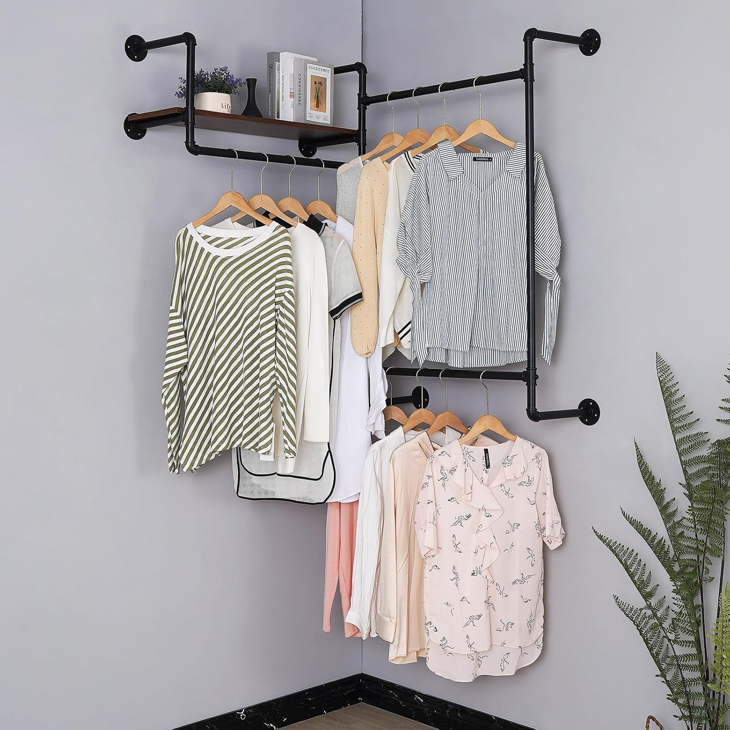 Industrial Pipe Clothing Rack, Wall Mounted Heavy Duty Garment Rack with Wood Shelf, Rustic Metal Closet Organizer for Bedroom, Laundry Room & Retail Store Display, Black, 58”W x 12”D x 46”H