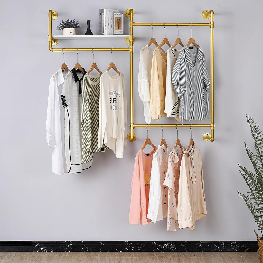 Industrial Pipe Clothing Rack, Wall Mounted Heavy Duty Garment Rack with Wood Shelf, Rustic Metal Closet Organizer for Bedroom, Laundry Room & Retail Store Display, Gold, 58”W x 12”D x 46”H