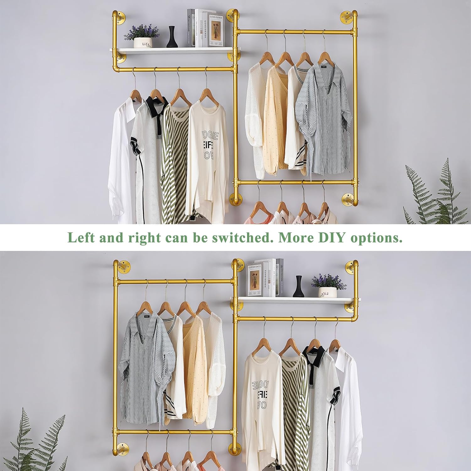 Industrial Pipe Clothing Rack, Wall Mounted Heavy Duty Garment Rack with Wood Shelf, Rustic Metal Closet Organizer for Bedroom, Laundry Room & Retail Store Display, Gold, 58”W x 12”D x 46”H