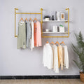 Industrial Pipe Clothing Rack Wall Mounted with 2 Wood Shelves, Heavy Duty Double Rod Garment Rack for Bedroom, Laundry Room & Retail Store, Gold, 59 Inch