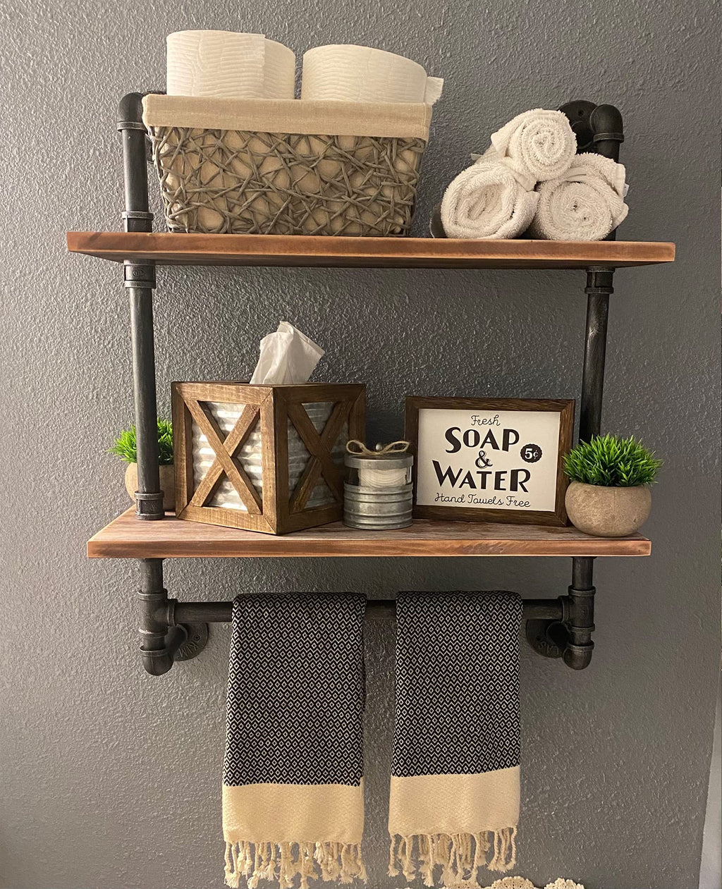 Industrial Pipe Shelving Bathroom Floating Shelves Wall Mounted, 2 Tier 24 inch Rustic Wood Shelf with Towel Bar, Farmhouse Towel Rack Bathroom Shelf Over Toilet