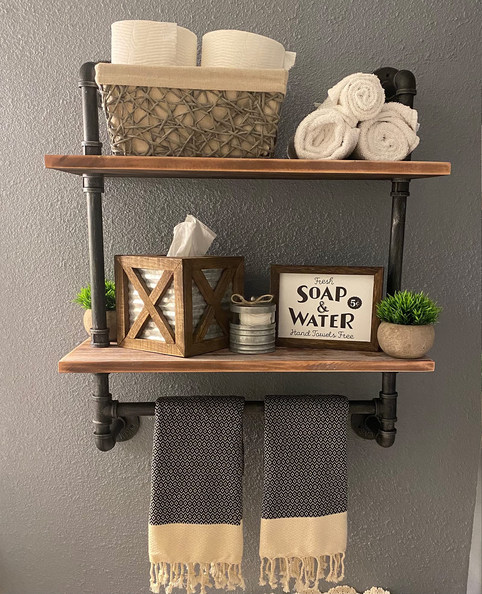 Industrial Pipe Shelving Bathroom Floating Shelves Wall Mounted, 2 Tier 24 inch Rustic Wood Shelf with Towel Bar, Farmhouse Towel Rack Bathroom Shelf Over Toilet