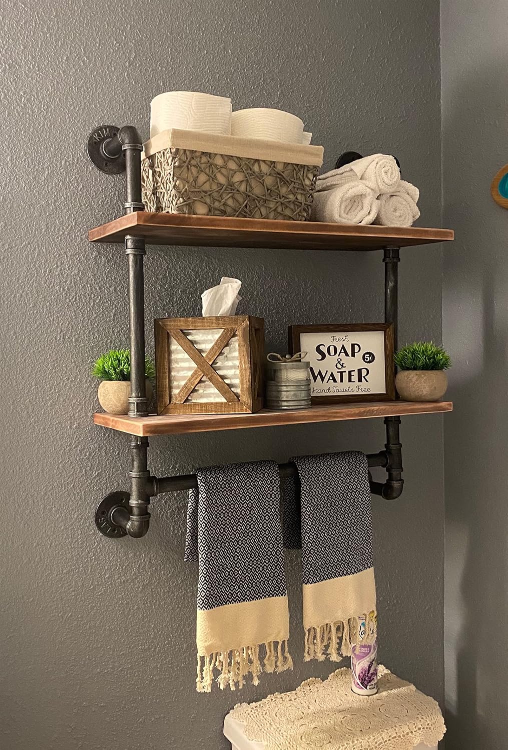 Industrial Pipe Shelving Bathroom Floating Shelves Wall Mounted, 2 Tier 24 inch Rustic Wood Shelf with Towel Bar, Farmhouse Towel Rack Bathroom Shelf Over Toilet