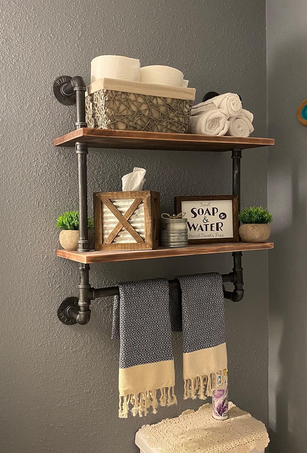 Industrial Pipe Shelving Bathroom Floating Shelves Wall Mounted, 2 Tier 24 inch Rustic Wood Shelf with Towel Bar, Farmhouse Towel Rack Bathroom Shelf Over Toilet